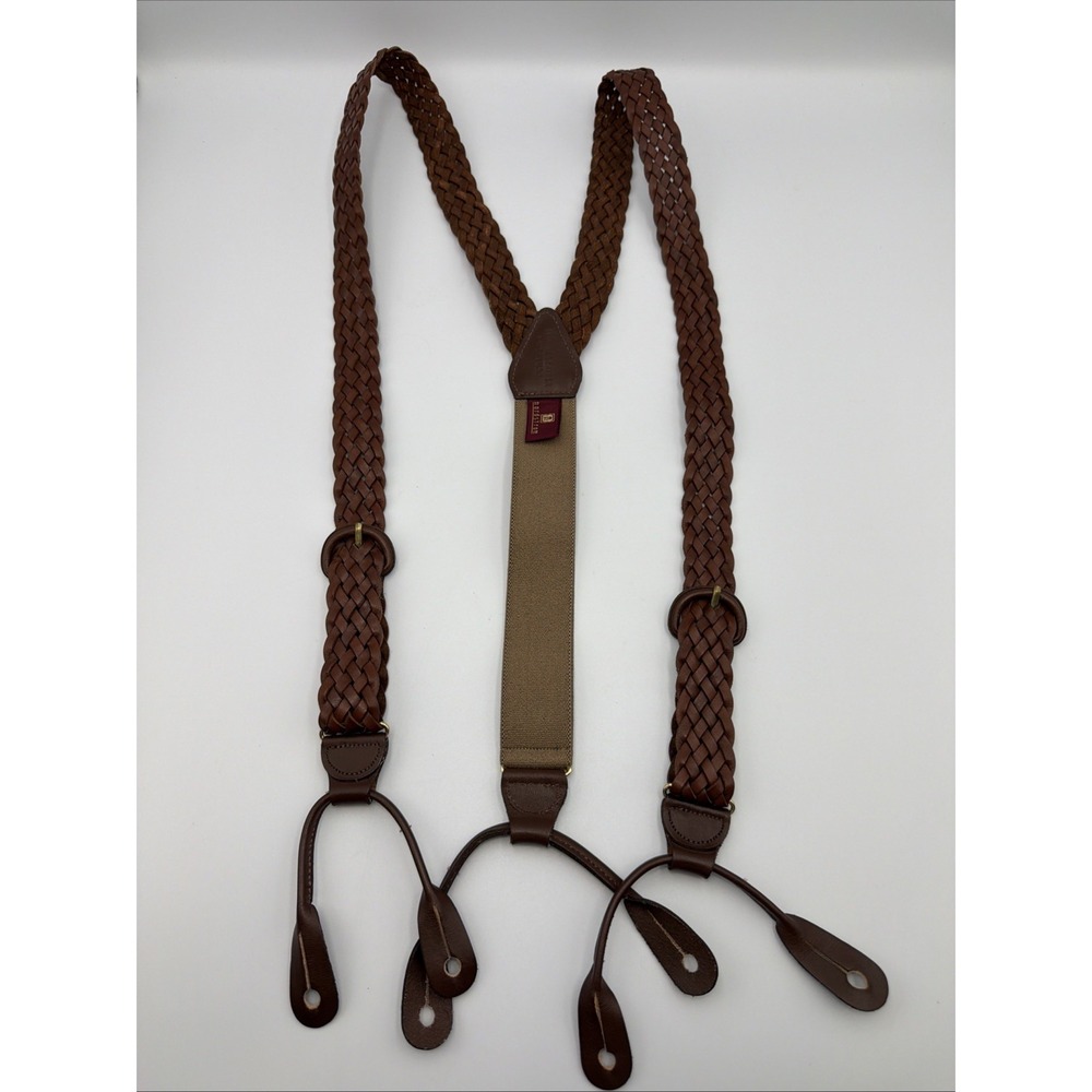 Vintage Nordstrom Men's Braided Brown Leather Adjustable Suspenders Buckle 1980s